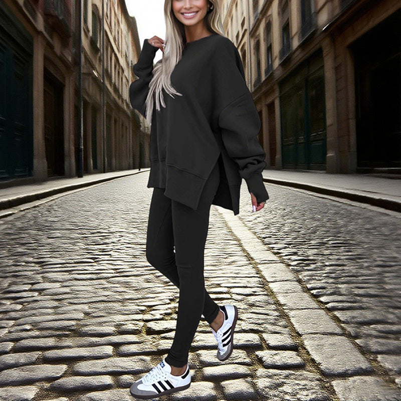 Women’s Solid Color 2-Piece Tracksuit — Crewneck Sweatshirt