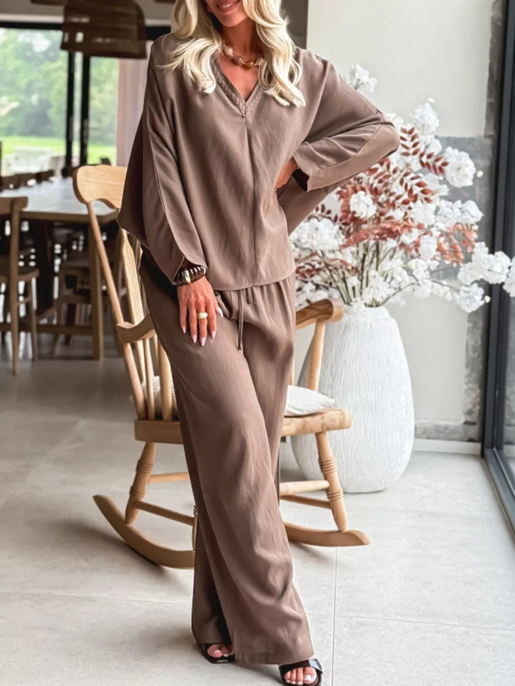Braided V Neck Long Sleeve Loose Top and Drawstring High Waist Pants 2pcs Outfit
