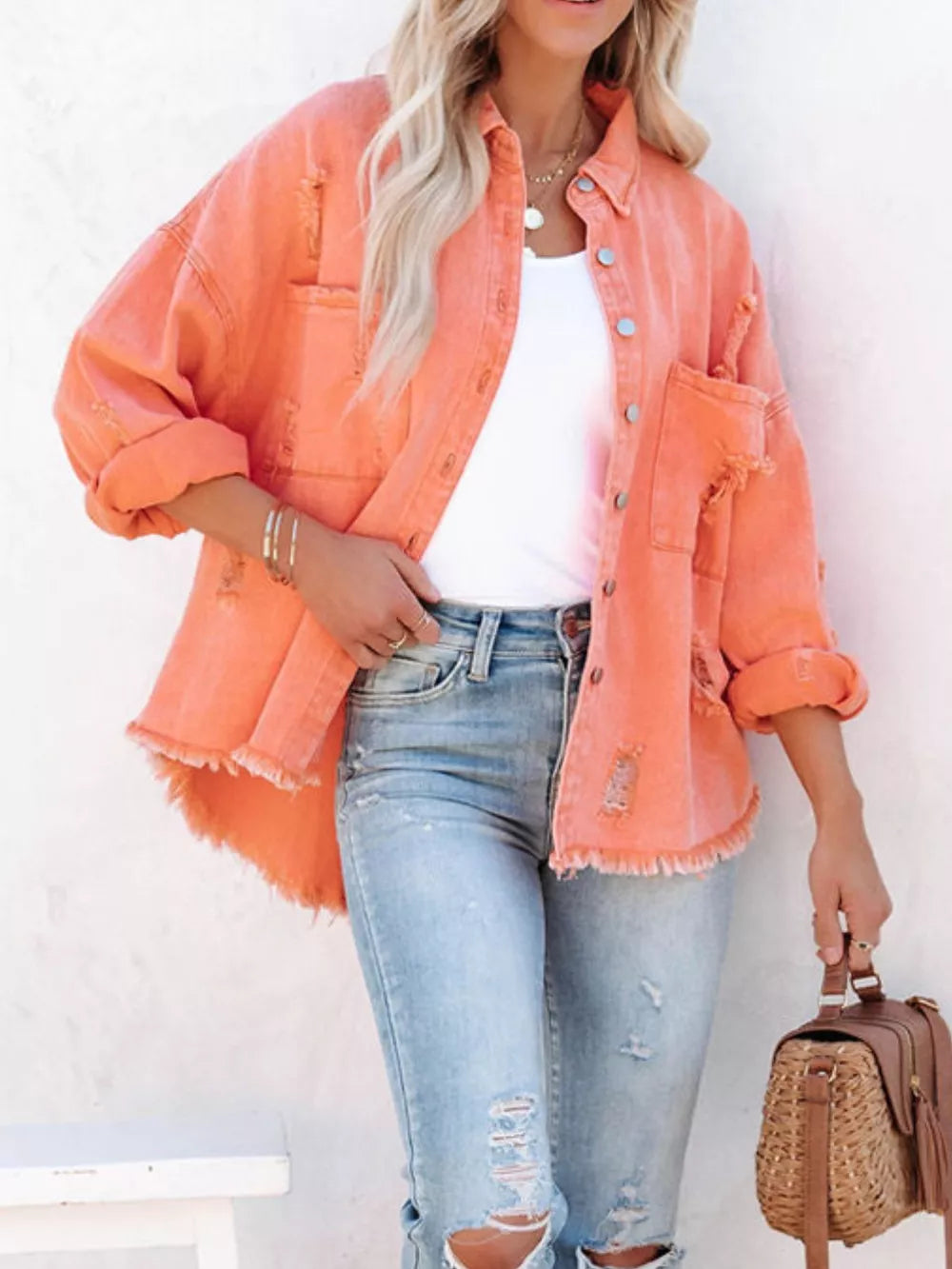 Raw Hem Button Up Denim Shacket