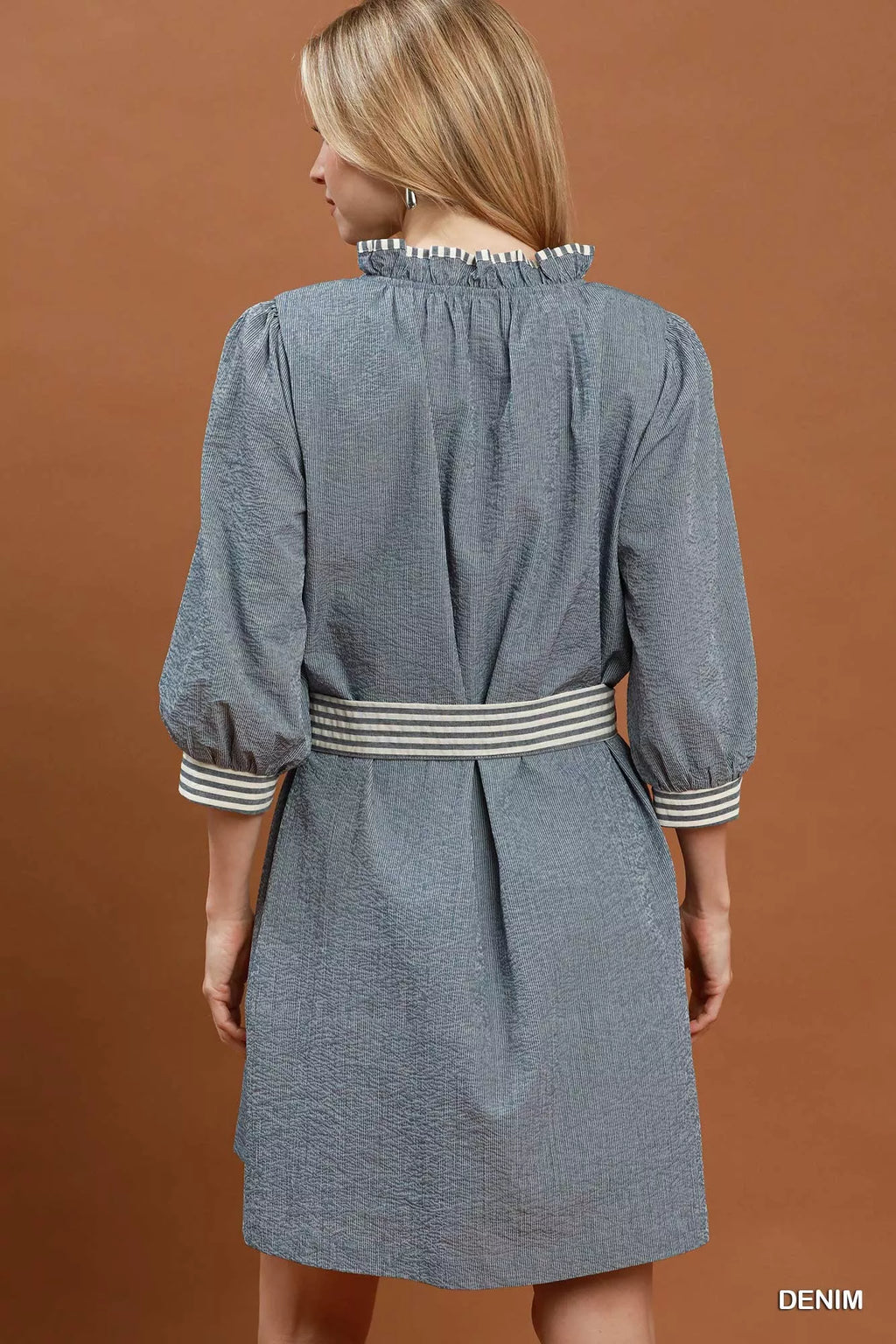 Umgee Textured Contrast Trim Tie Waist Mini Dress