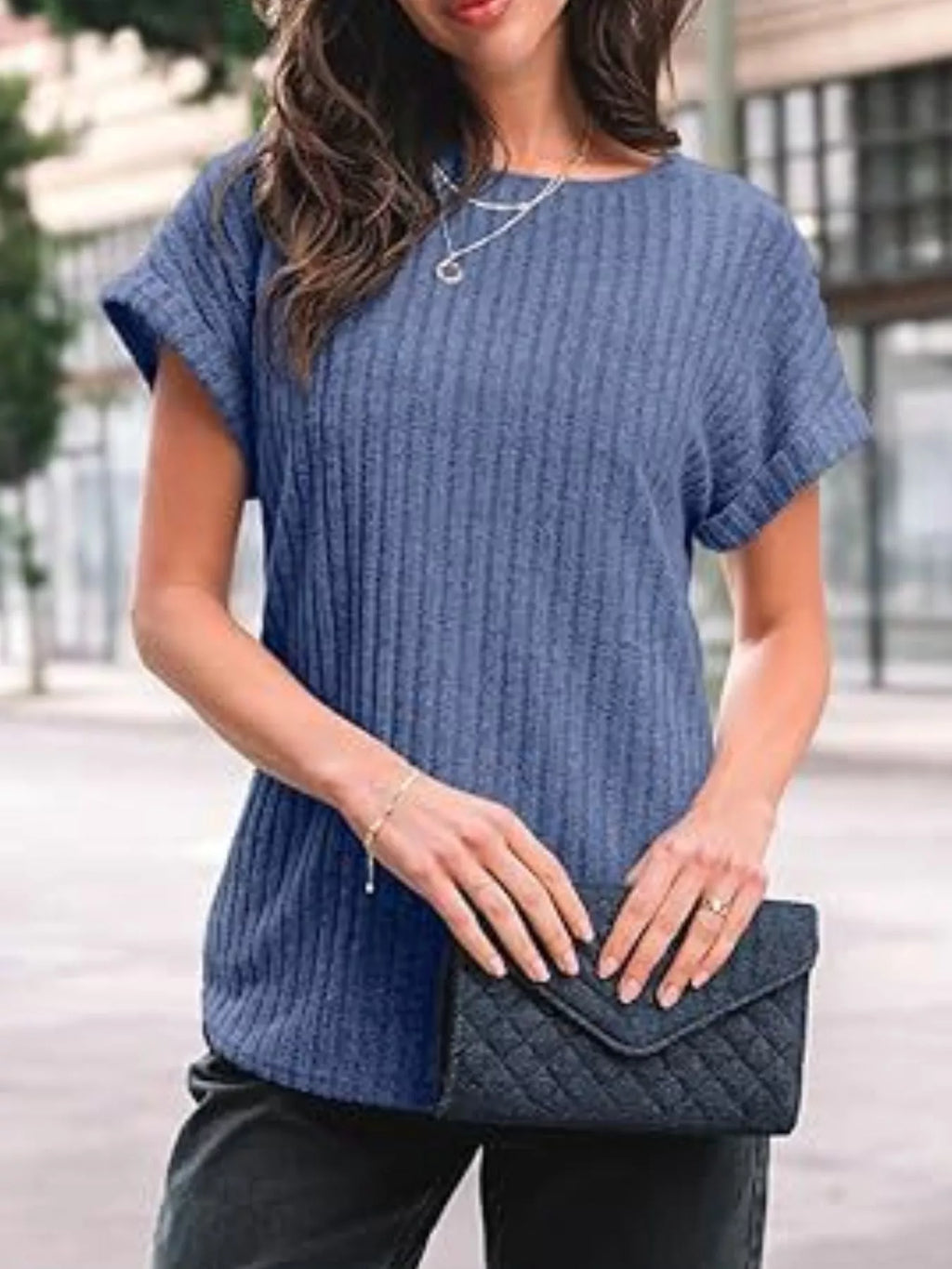 Casual Ribbed Knit Short Sleeve T-Shirt