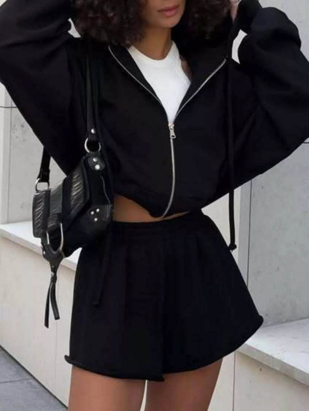 Zip Up Long Sleeve Outerwear and Shorts Set
