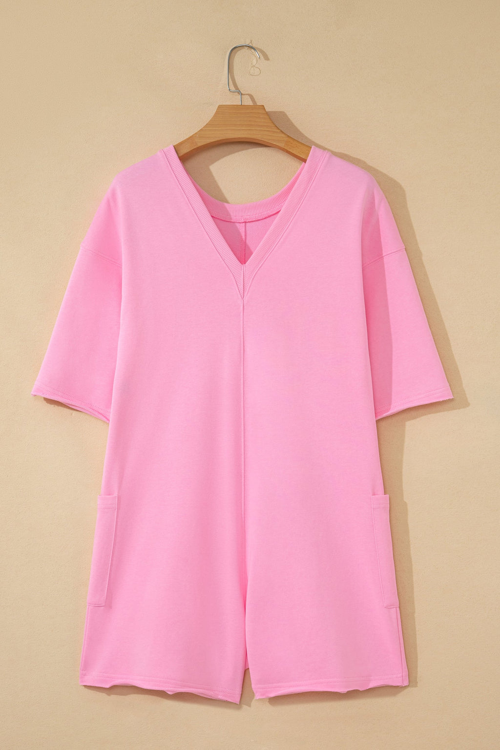 Solid Raw Edge Short Sleeve Pocketed Romper