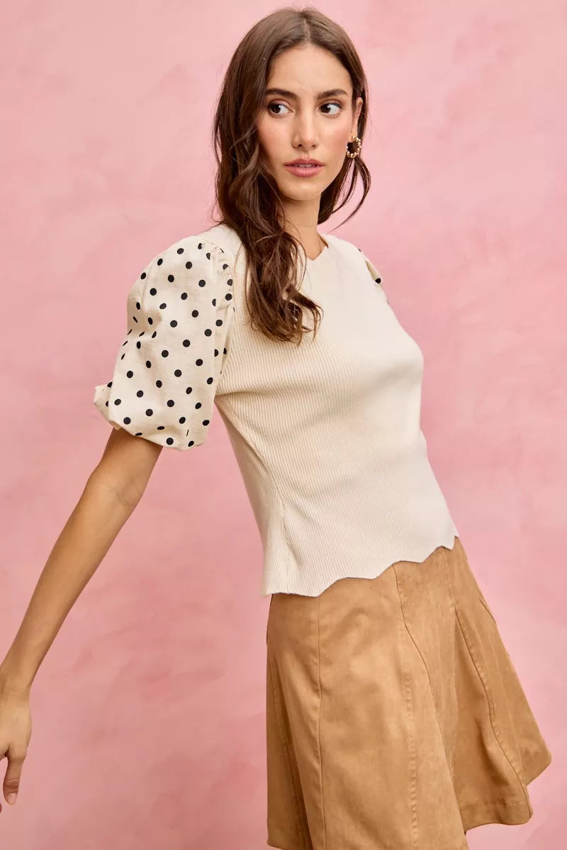 SO ME Polka Dot Contrast Woven Ballon Sleeve Blouse