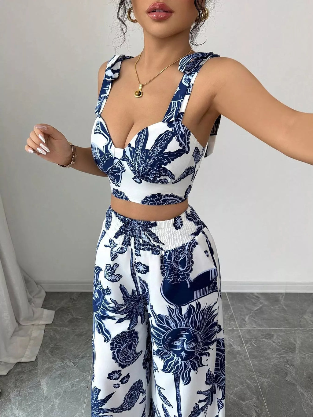 Floral Print Crop Top and Wide Leg Pants Set
