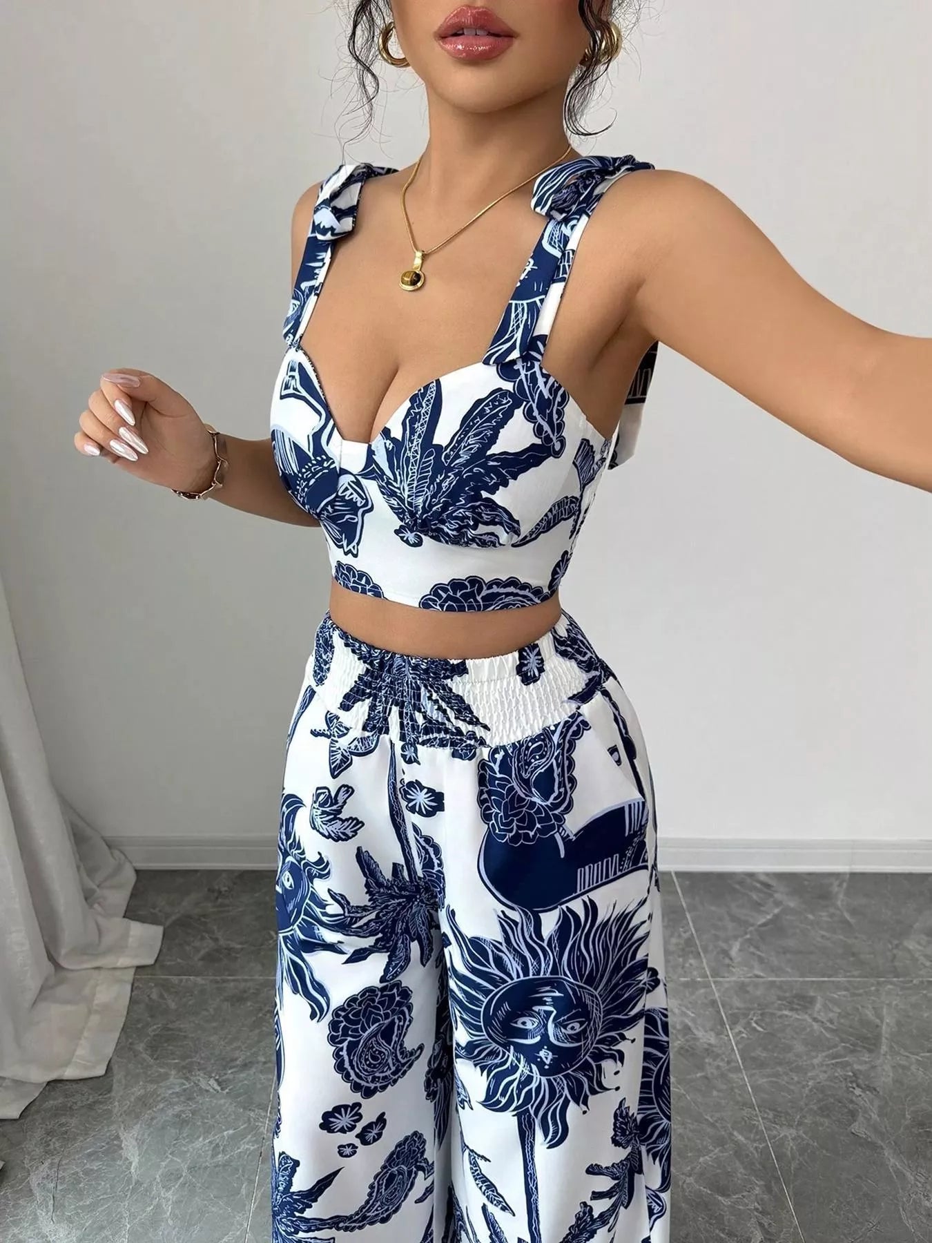 Floral Print Crop Top and Wide Leg Pants Set