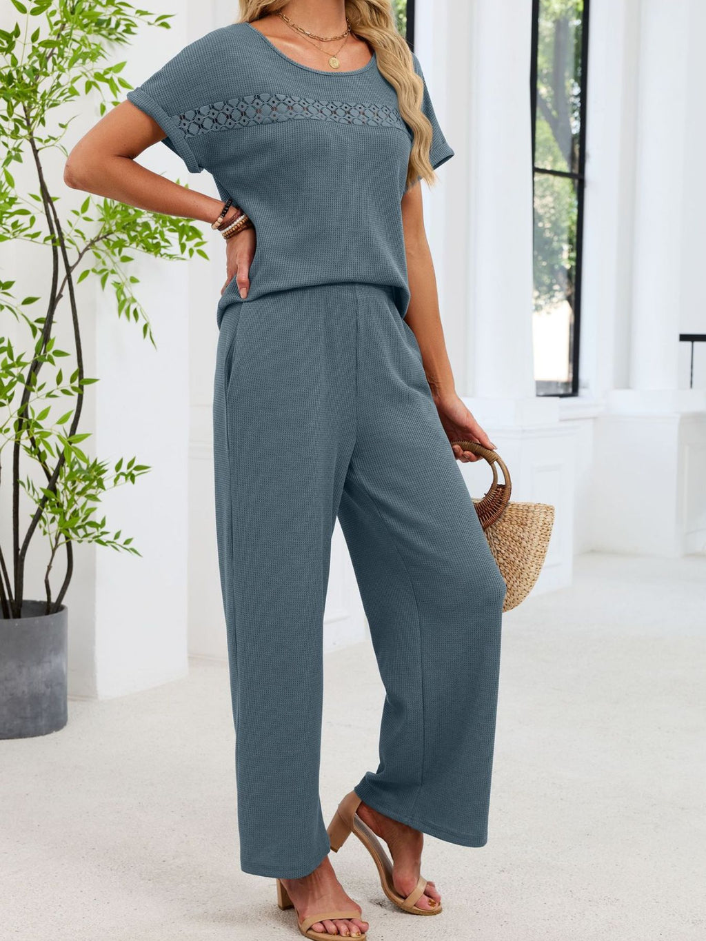 Lace Detail Short Sleeve Top and Pants Set