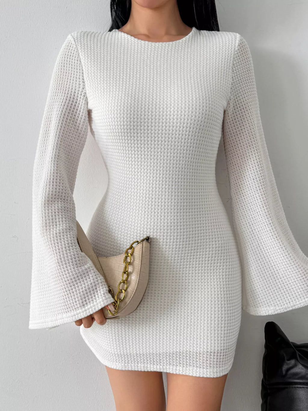 Backless Waffle Knit Flare Sleeve Mini Dress