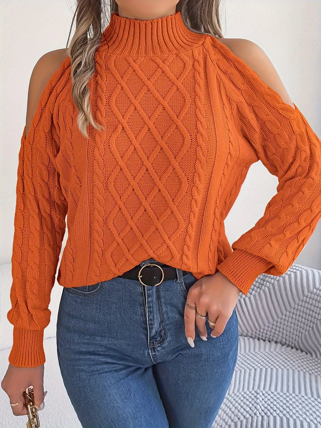 Cable Knit Cold Shoulder Turtleneck Sweater