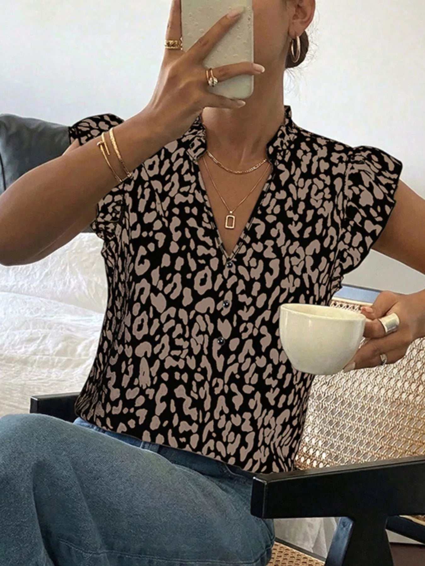 Leopard Print Ruffle Sleeve Blouse