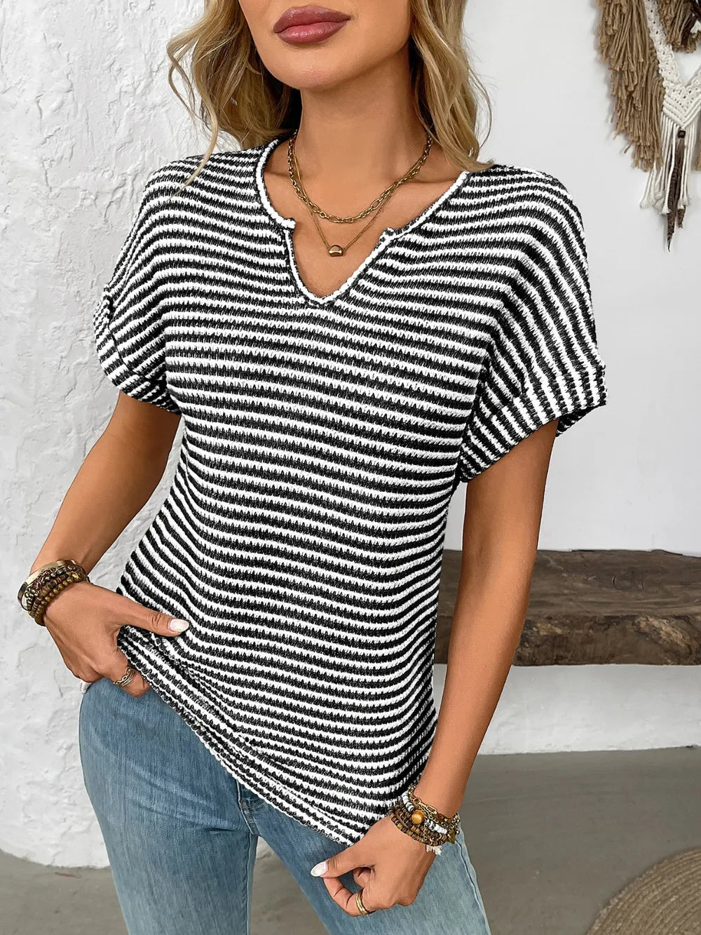 Striped Notched Short Sleeve T-Shirt