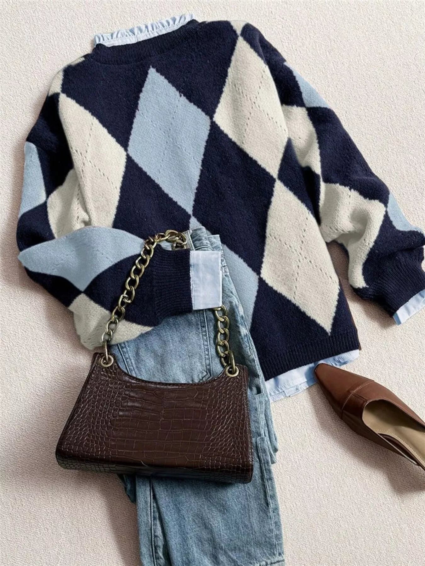 Vintage Argyle Round Neck Sweater