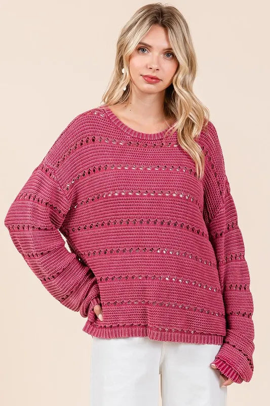 Mittoshop Openwork Round Neck Drop Shoulder Sweater