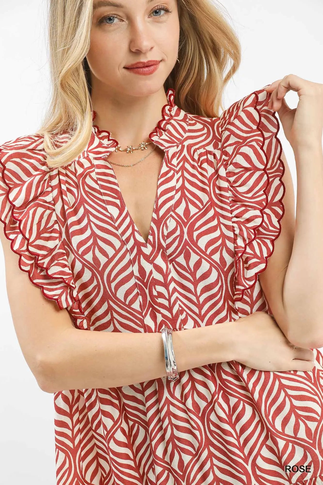 Umgee Leaf Print Tiered Midi Dress with Ruffle Detail