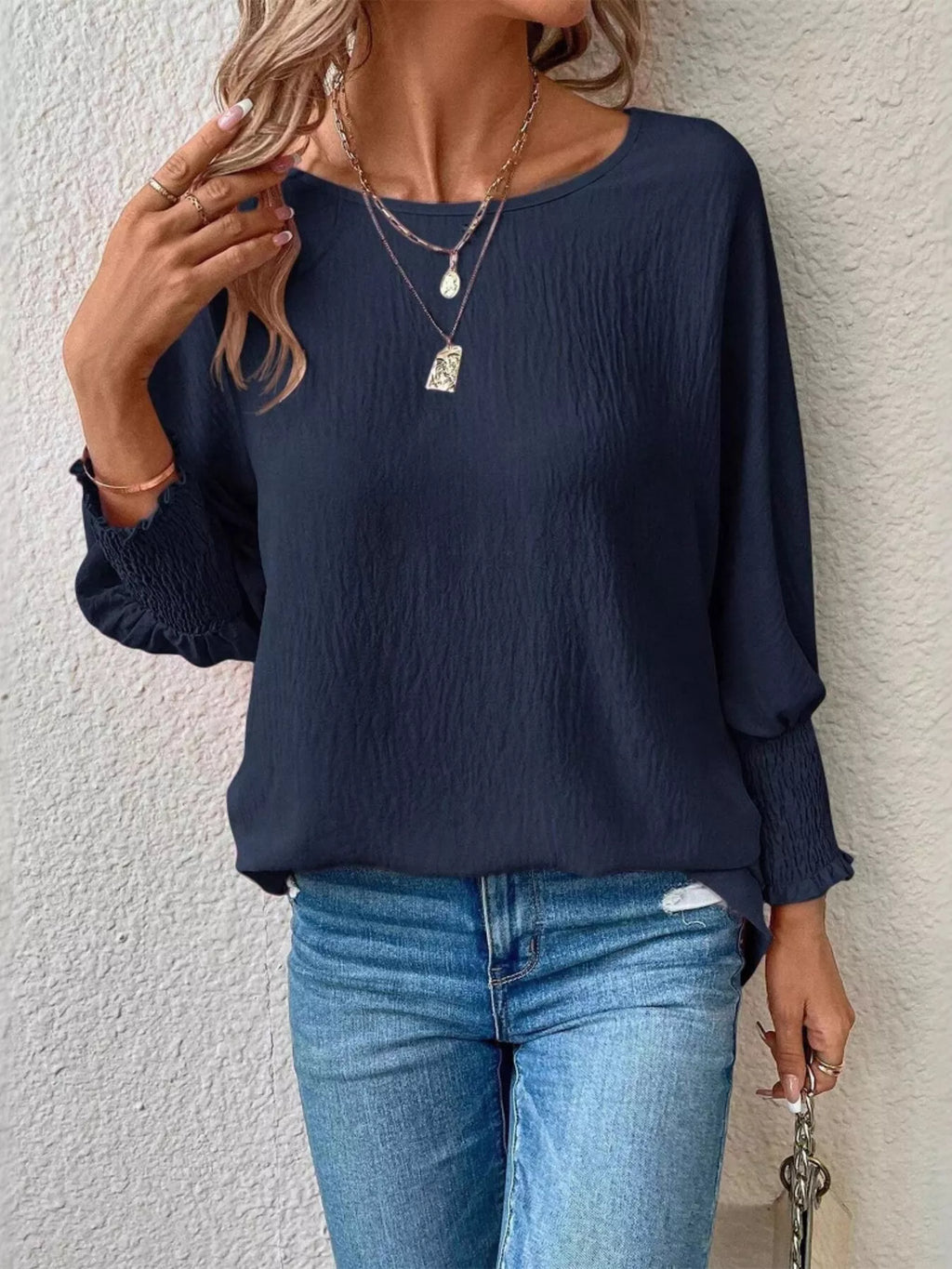 Textured Smocked Cuff Blouse
