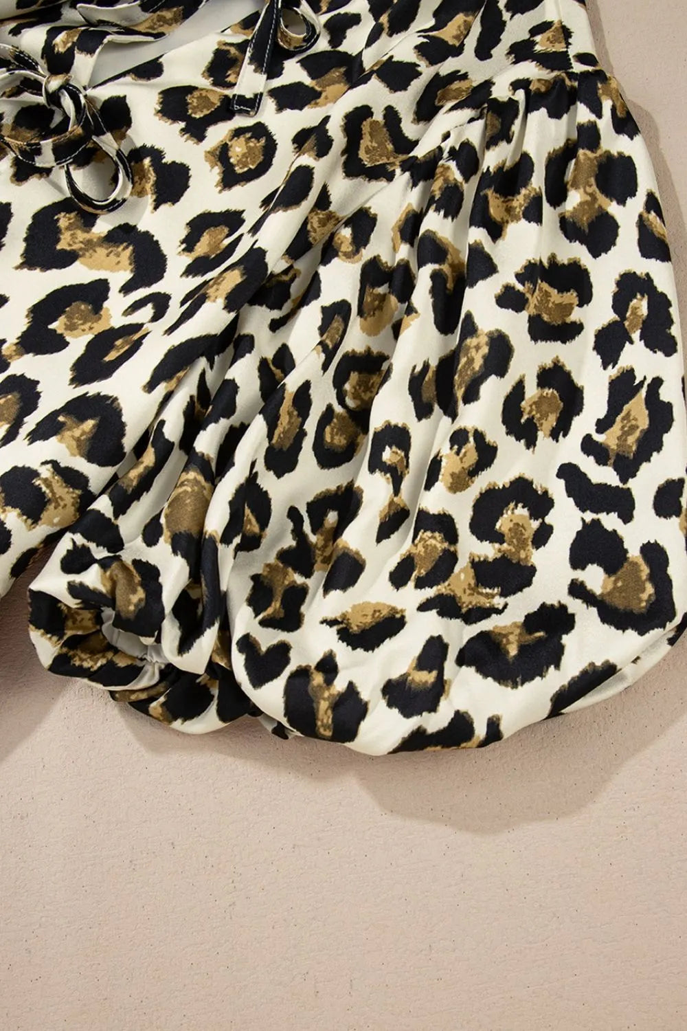 Leopard Bow Tie Front Puff Sleeve Peplum Blouse