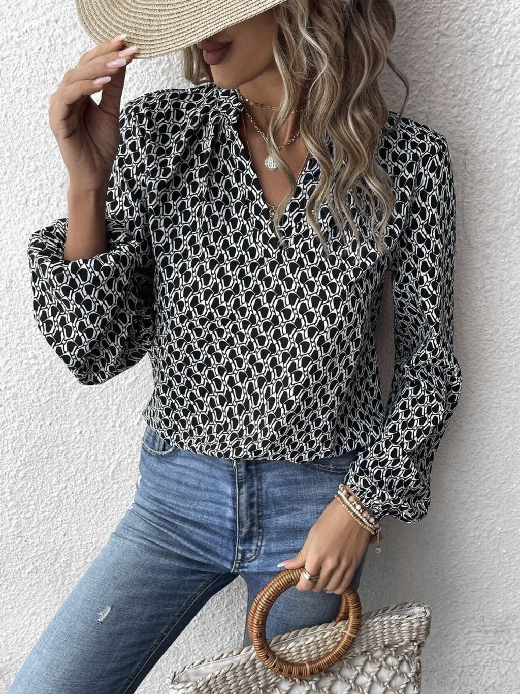 Printed Notched Balloon Sleeve Blouse