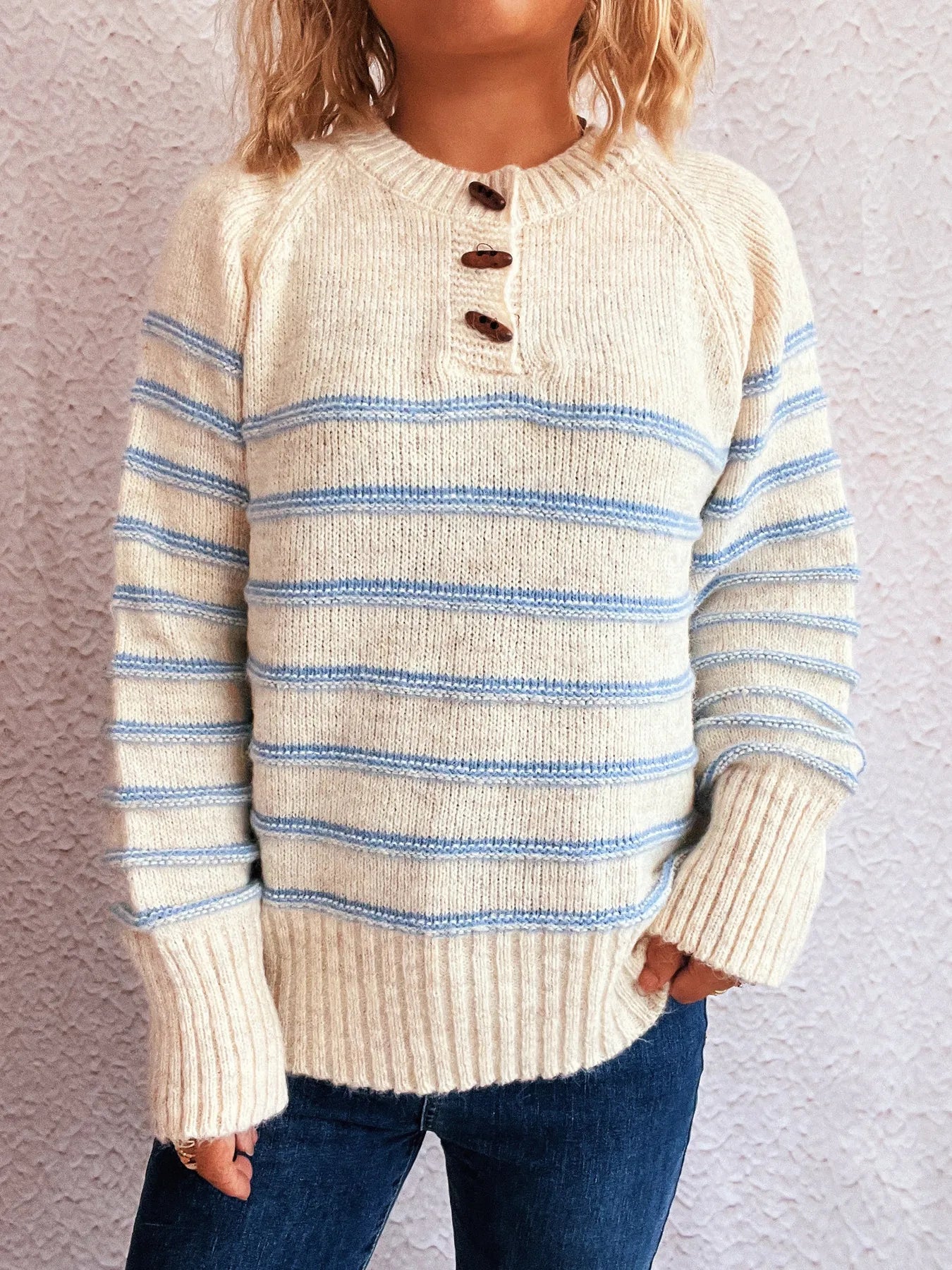 Striped Button Detail Long Sleeve Sweater