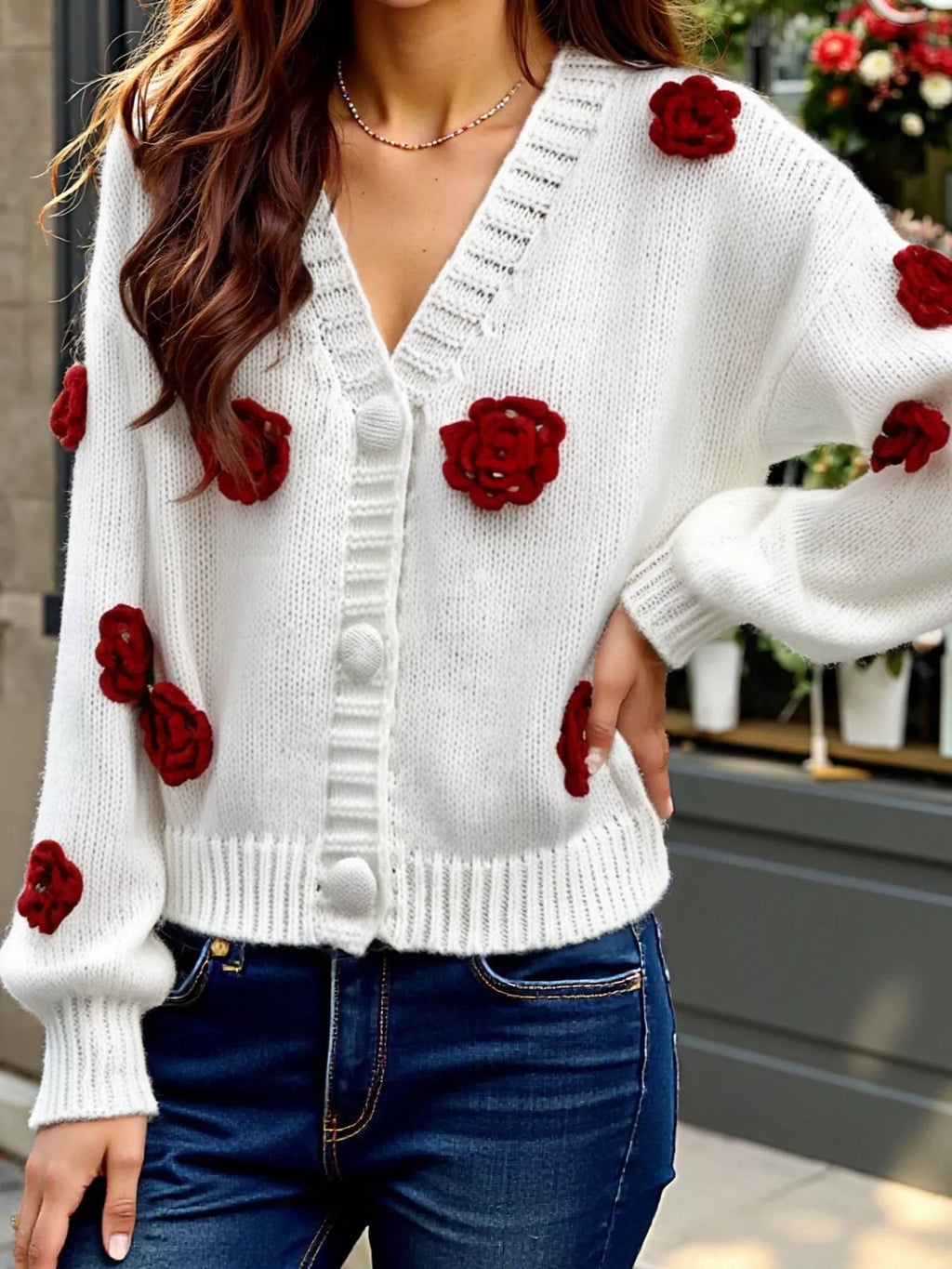 Rose Embellished V-Neck Cardigan