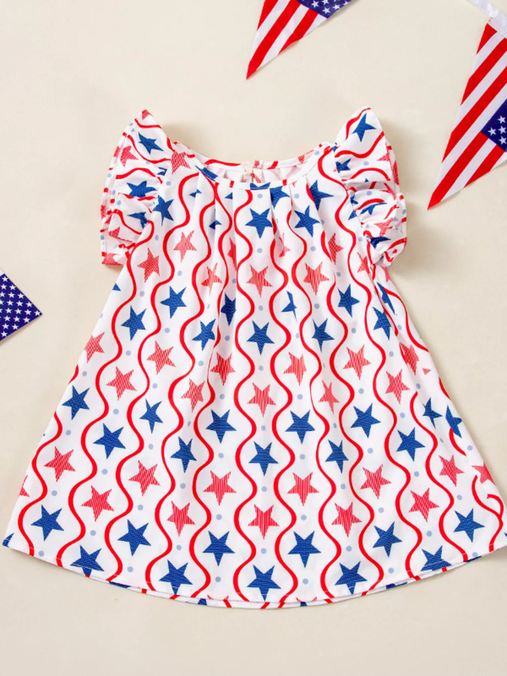 Children's Patriotic Star Print Ruffle Sleeve Dress
