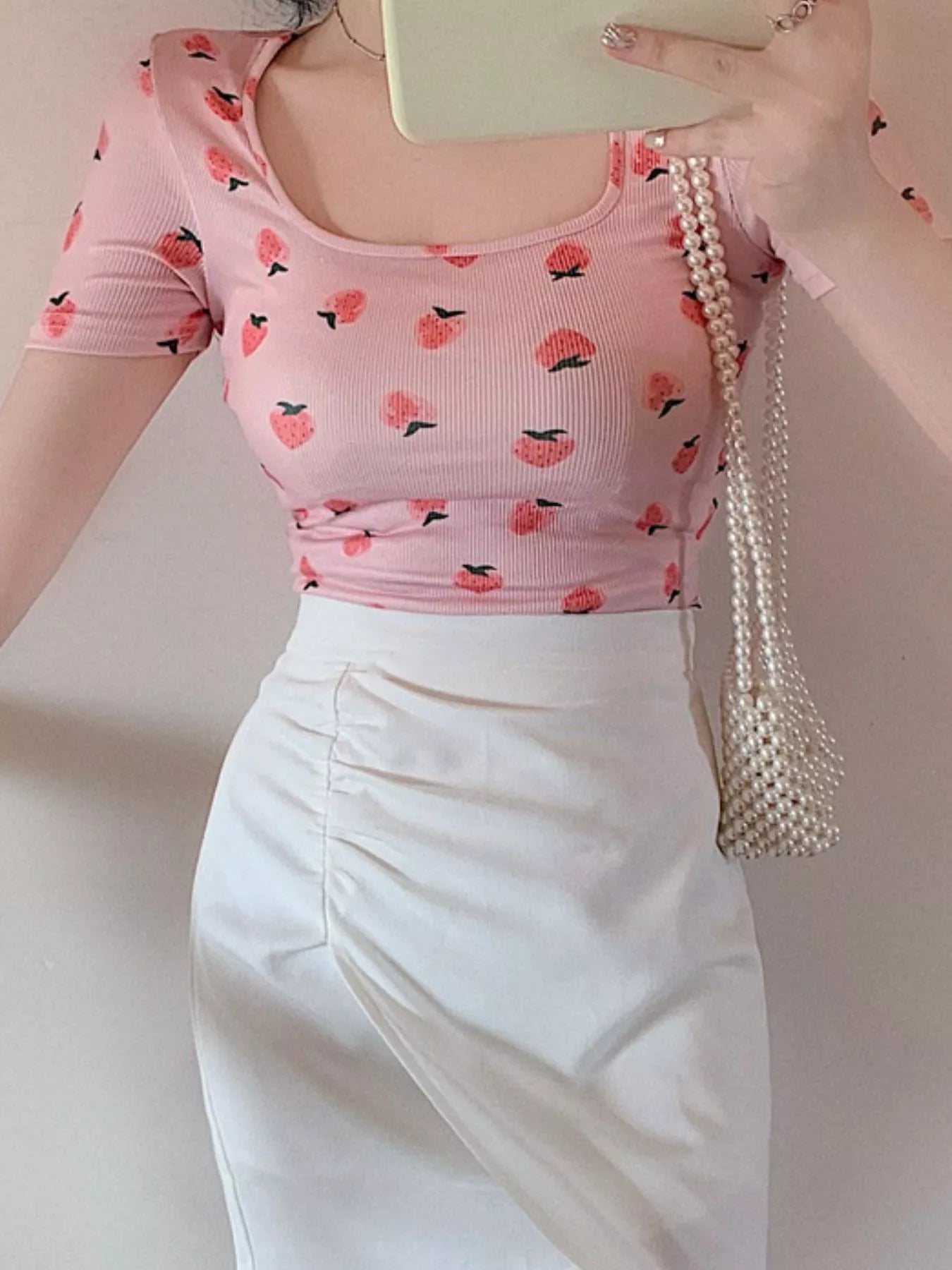 Fruit Print Square Neck Slim Fit T-Shirt