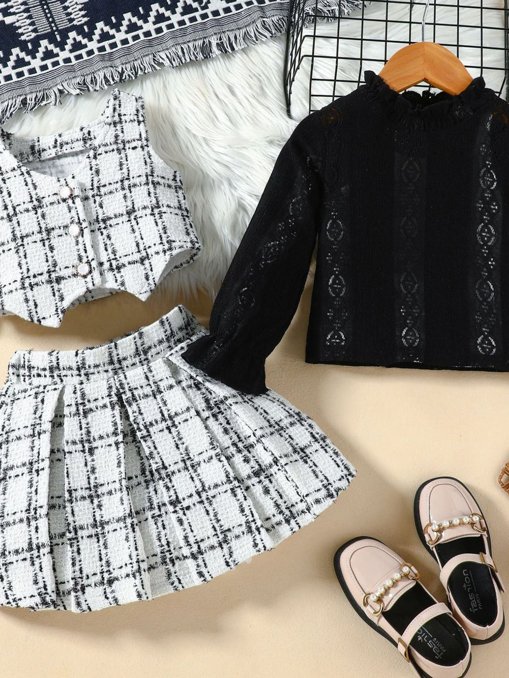 Children's Long Sleeve Top & Plaid Vest & Pleated Skirt Set