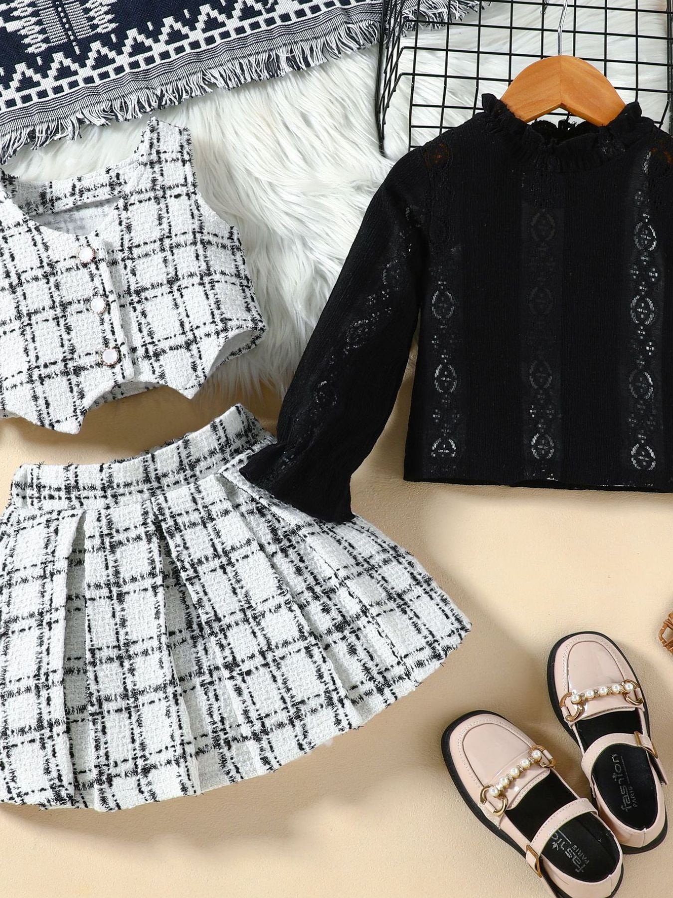Children's Long Sleeve Top & Plaid Vest & Pleated Skirt Set