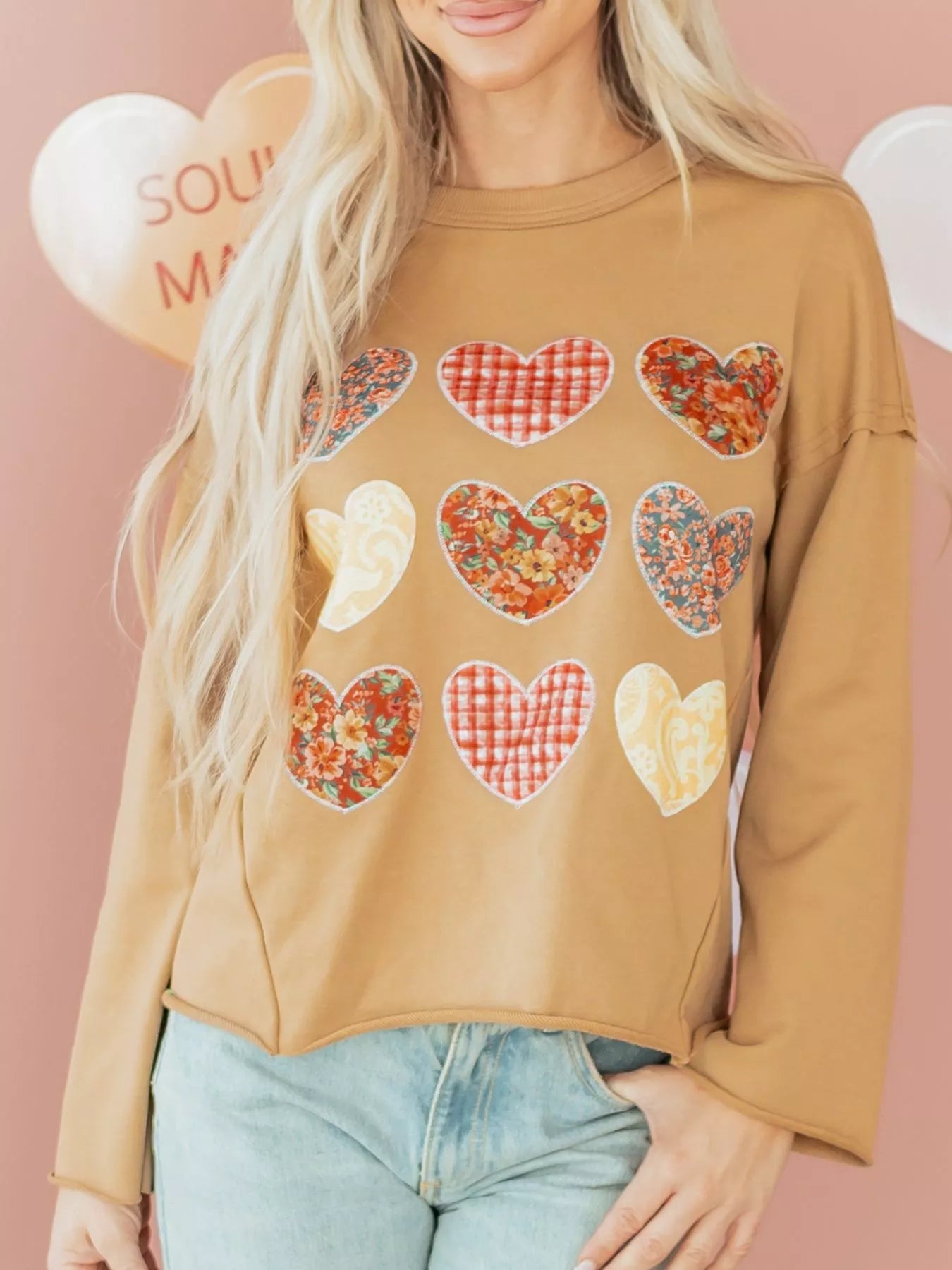 Plaid Floral Heart Stitched Exposed Seam Mineral Wash Sweatshirt