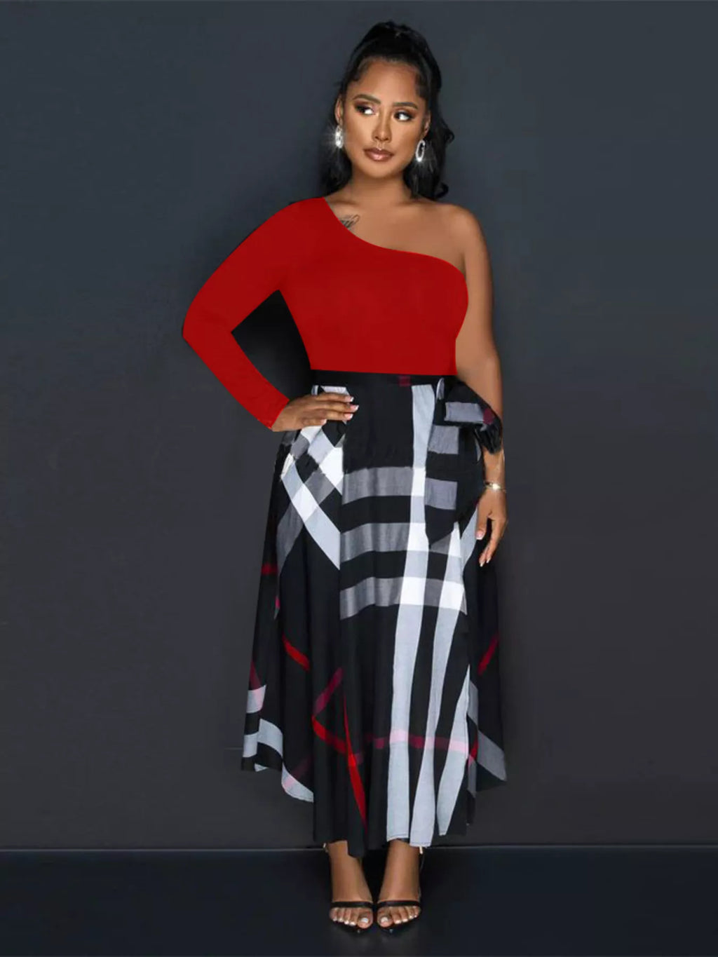 Asymmetrical One-Sleeve Plaid Midi Dress with Waist Tie