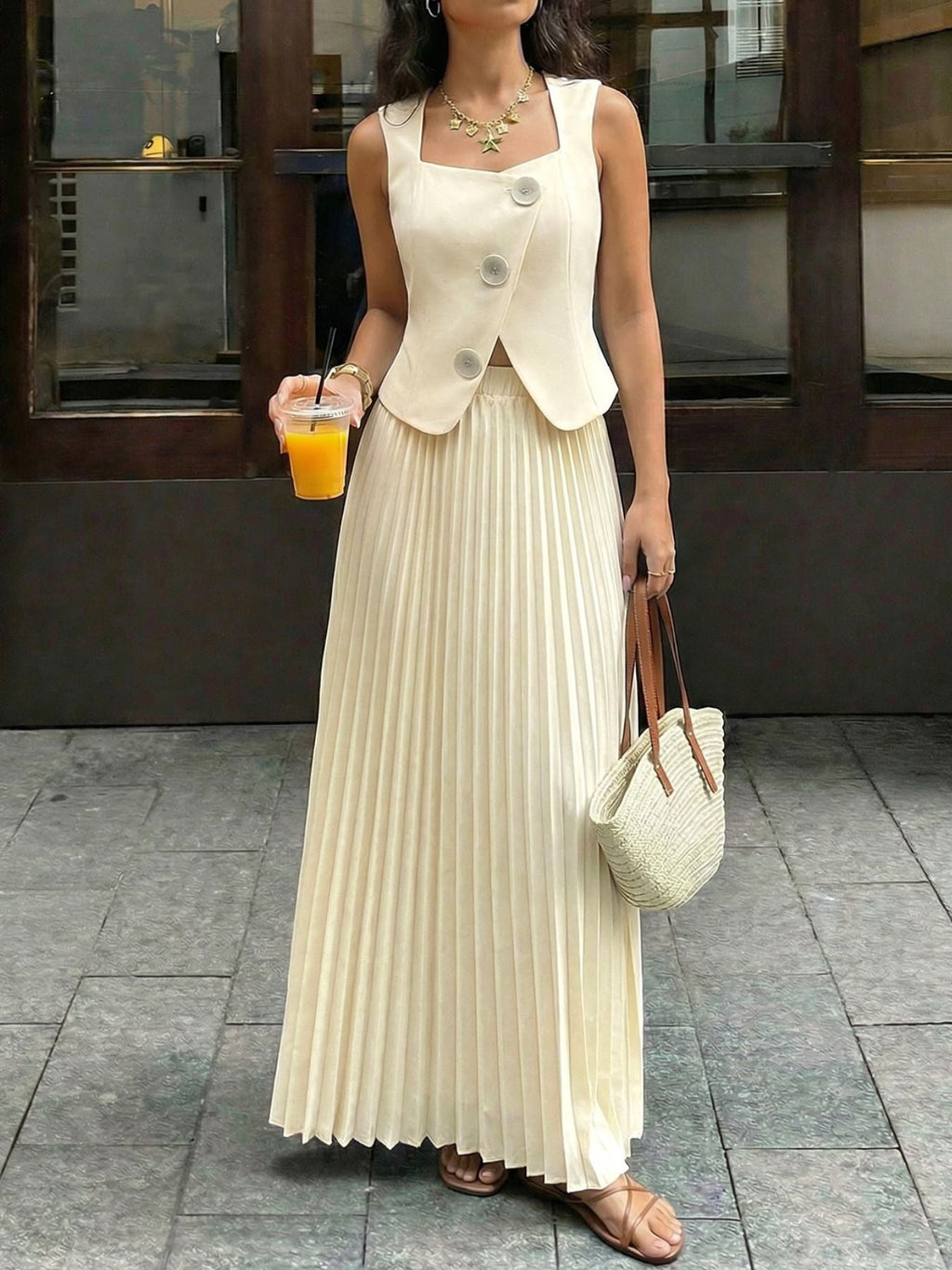 Sleeveless Vest and Pleated Maxi Skirt Set