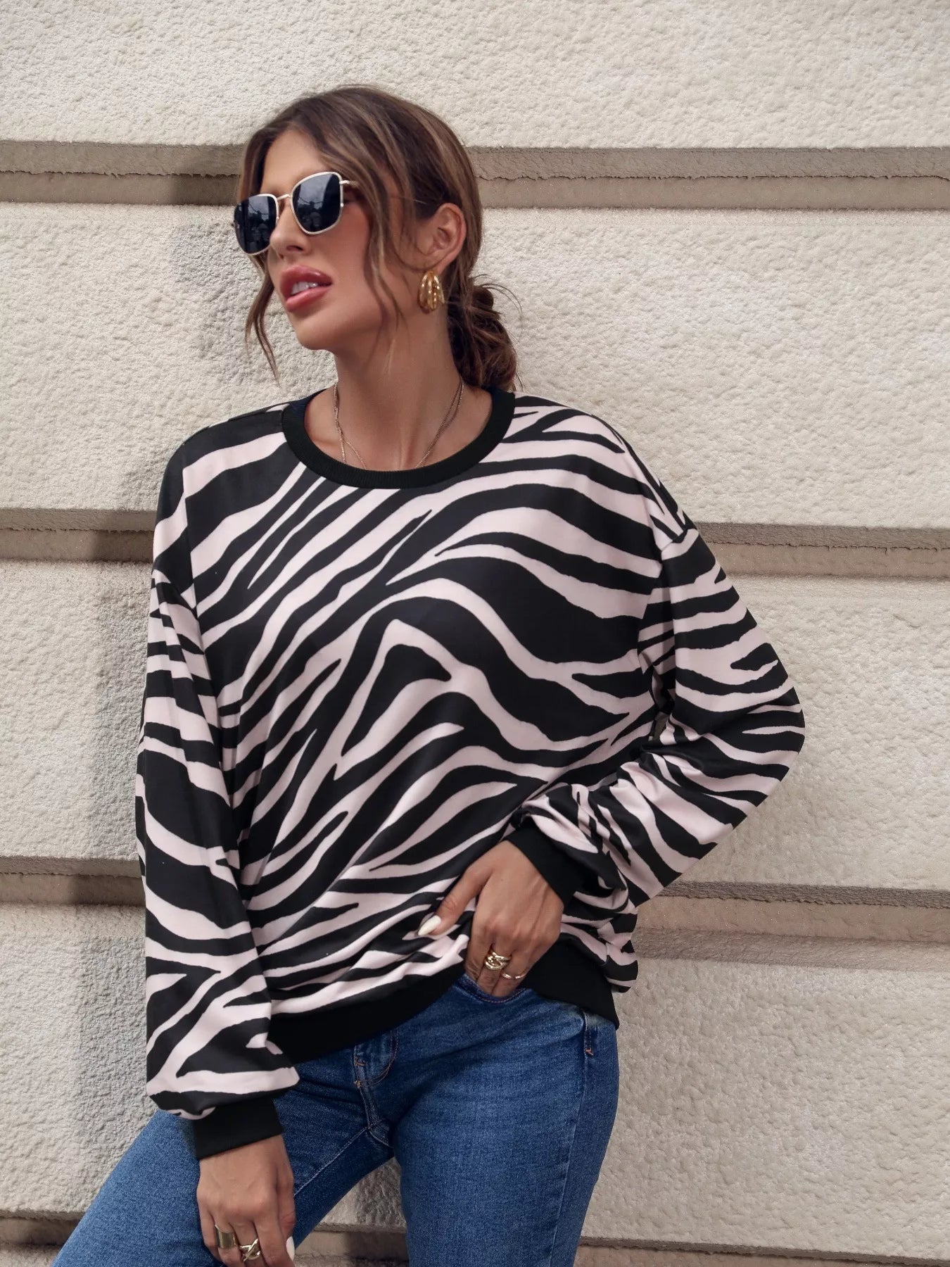 Zebra Print Round Neck Casual Sweatshirt