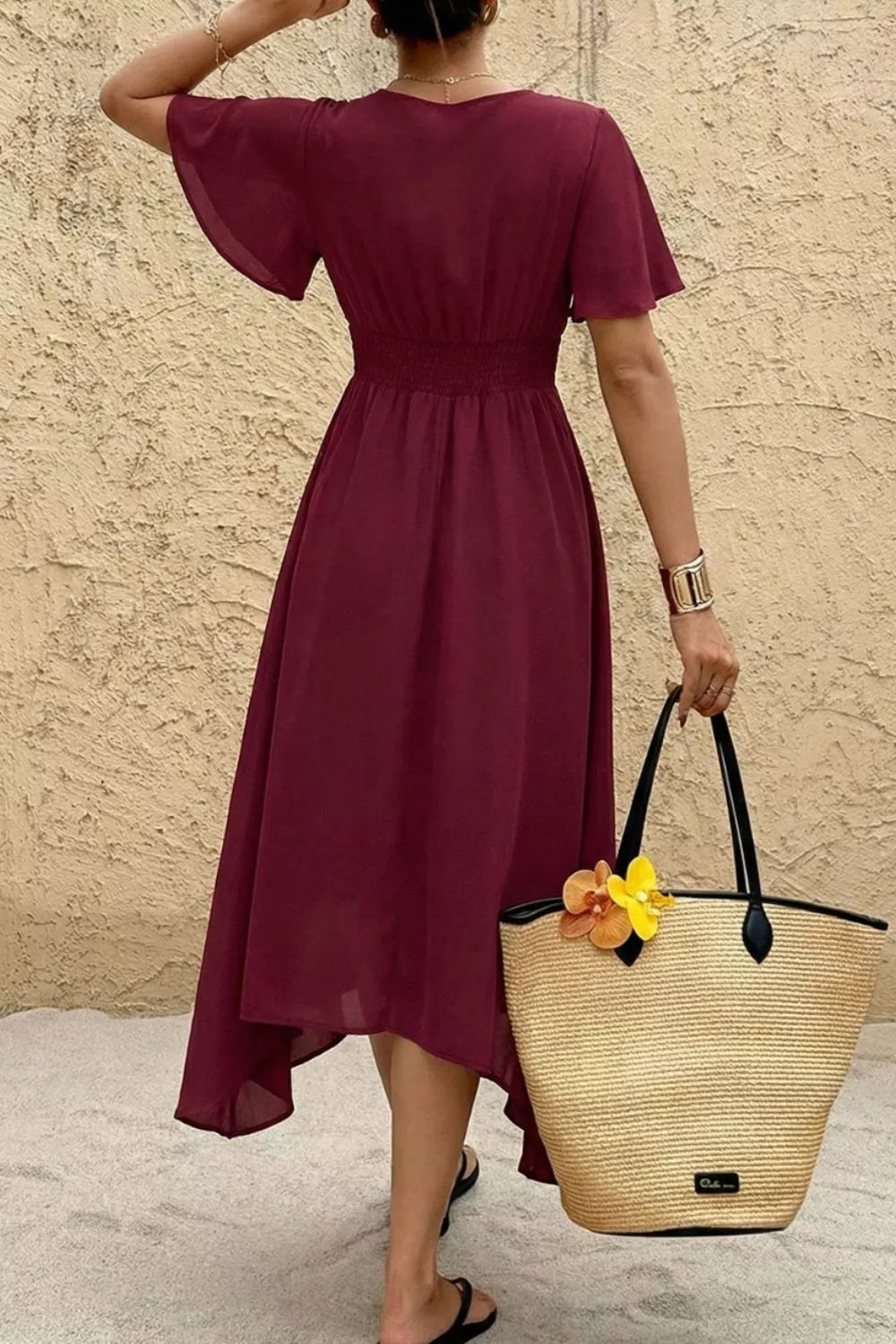 V-Neck Flutter Sleeve Midi Dress