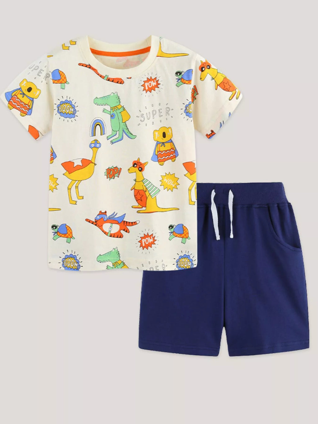 Children's Cartoon Animal Print Tee and Shorts Set