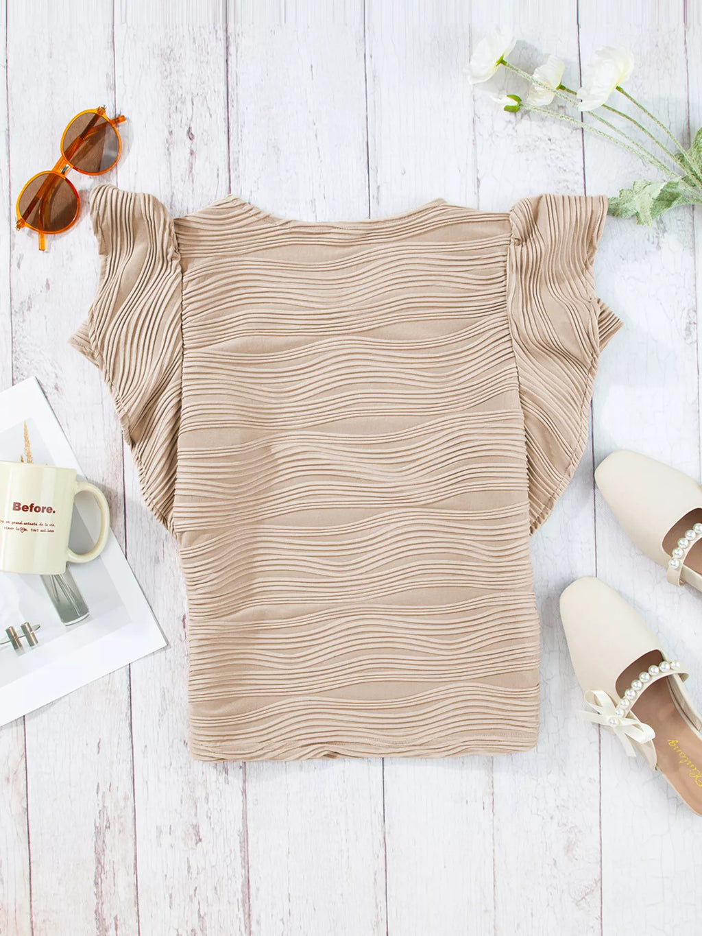 Casual Wavy Textured Ruffle Sleeve Top