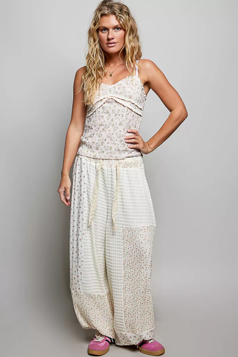 POL Patchwork Mixed Knit Wide Leg Pants