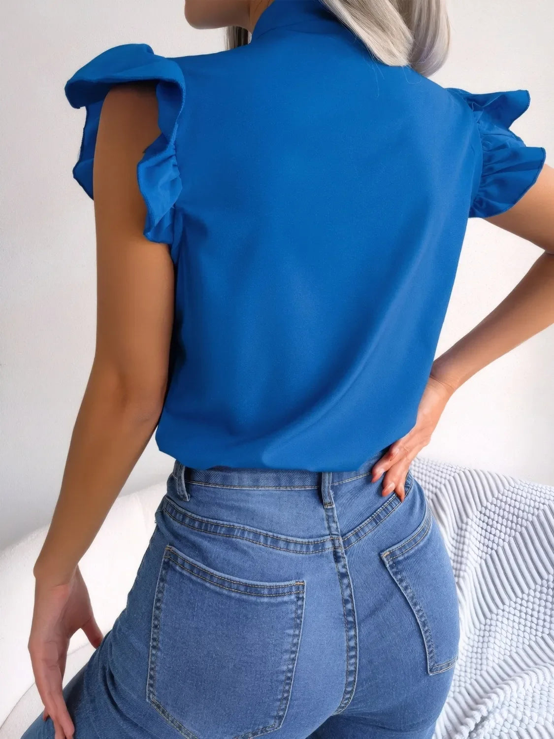 Ruffled Tie Neck Cap Sleeve Blouse