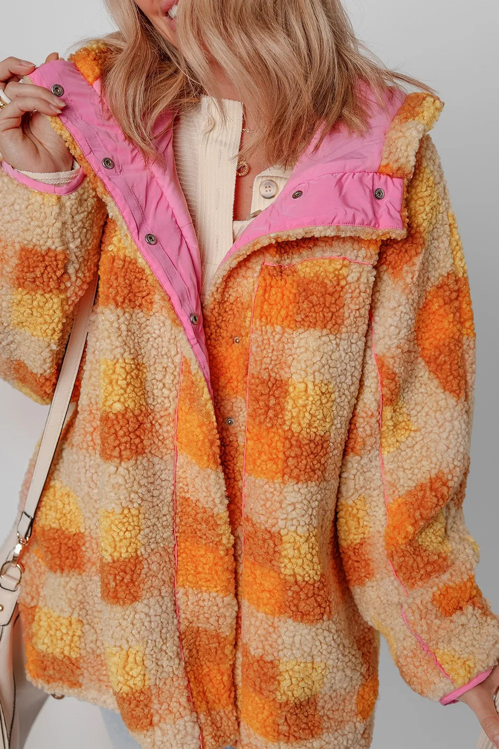 Checkered Long Sleeve Sherpa Hooded Jacket