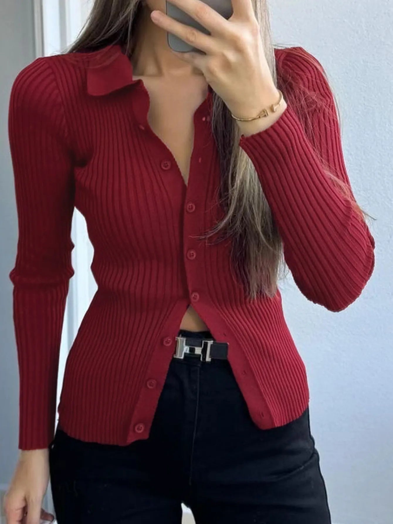 Ribbed Button-Front Long Sleeve Cardigan