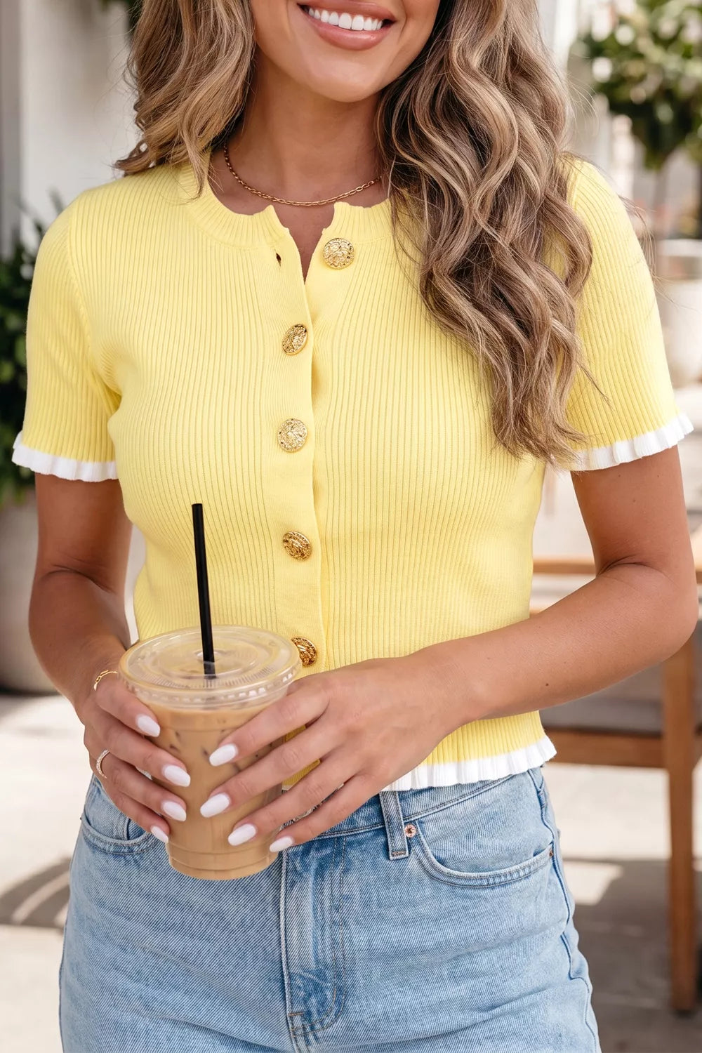 Ribbed Knit Contrast Frilled Short Sleeve Sweater Cardigan