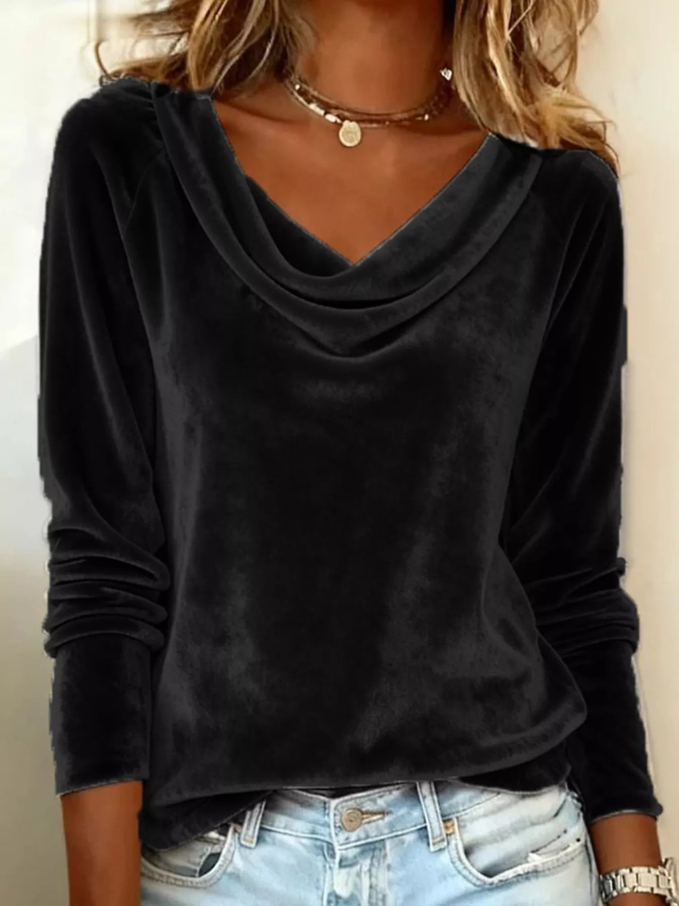 Velvet Cowl Neck Long Sleeve Top