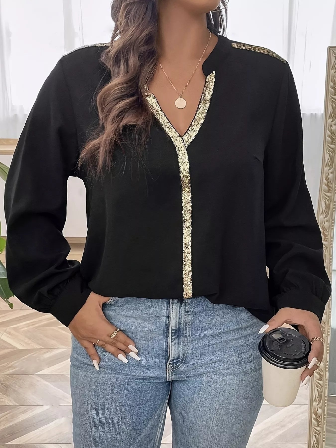 Sequin Trim Notched Long Sleeve Blouse