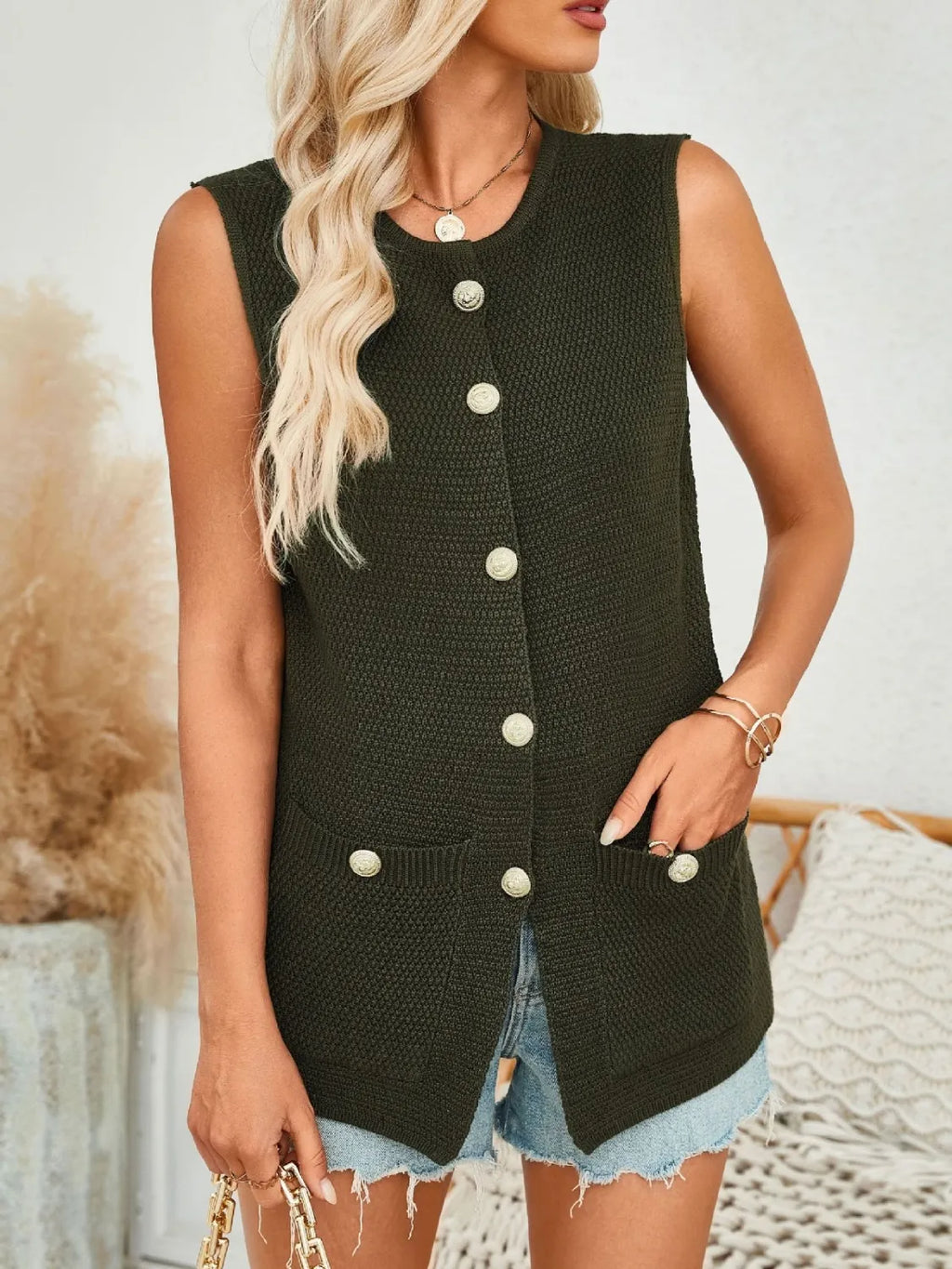 Button Down Round Neck Knit Vest