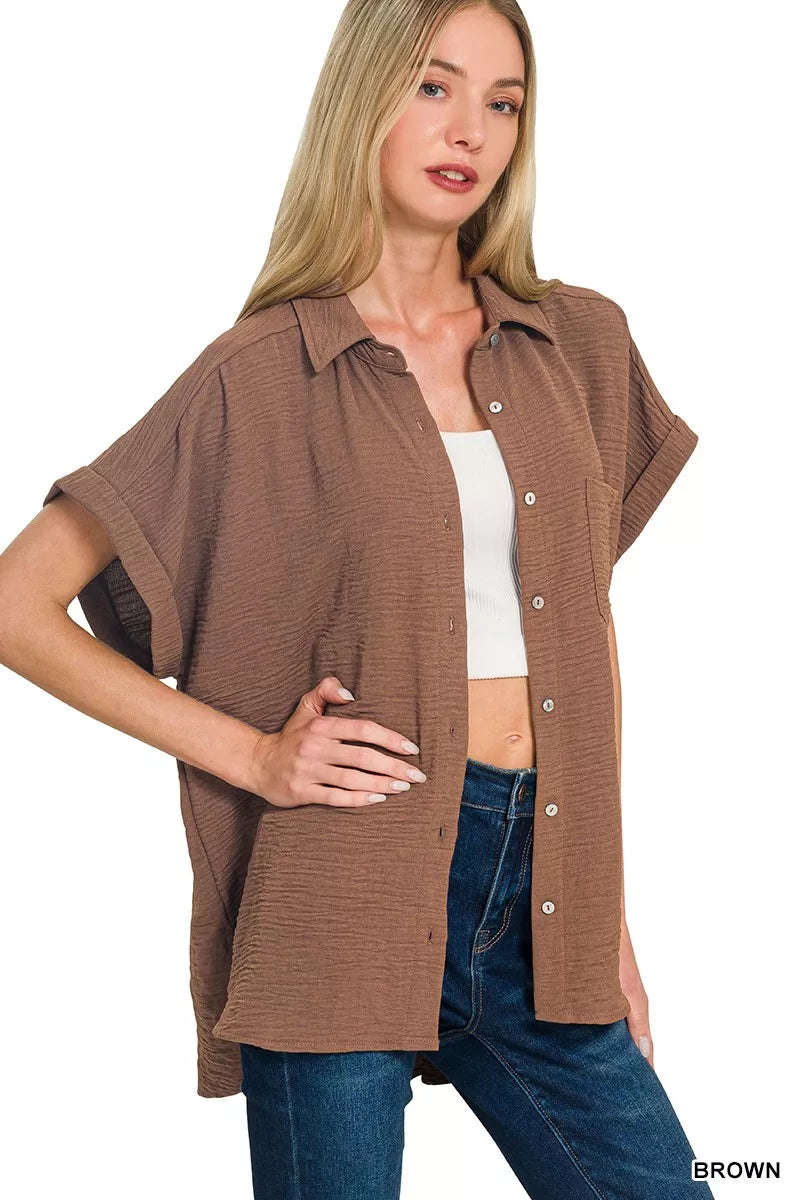 Zenana Woven Airflow Button Down Shirt