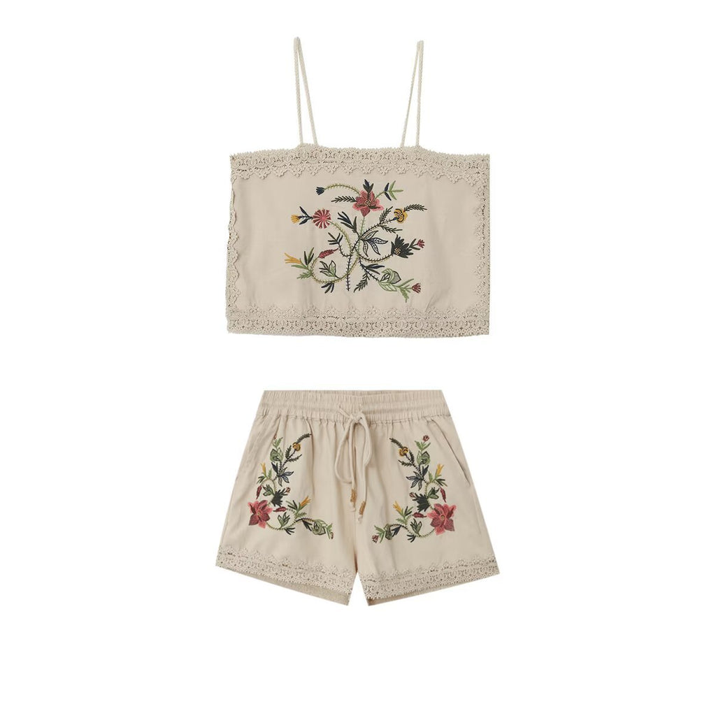 Embroidered camisole top+embroidered shorts set for women