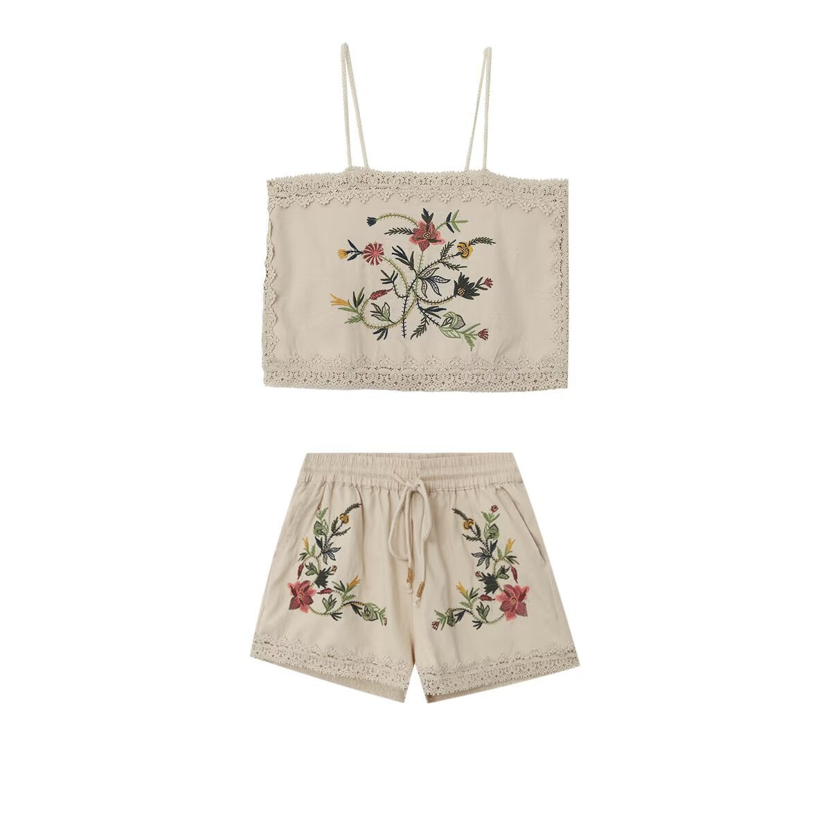 Embroidered camisole top+embroidered shorts set for women
