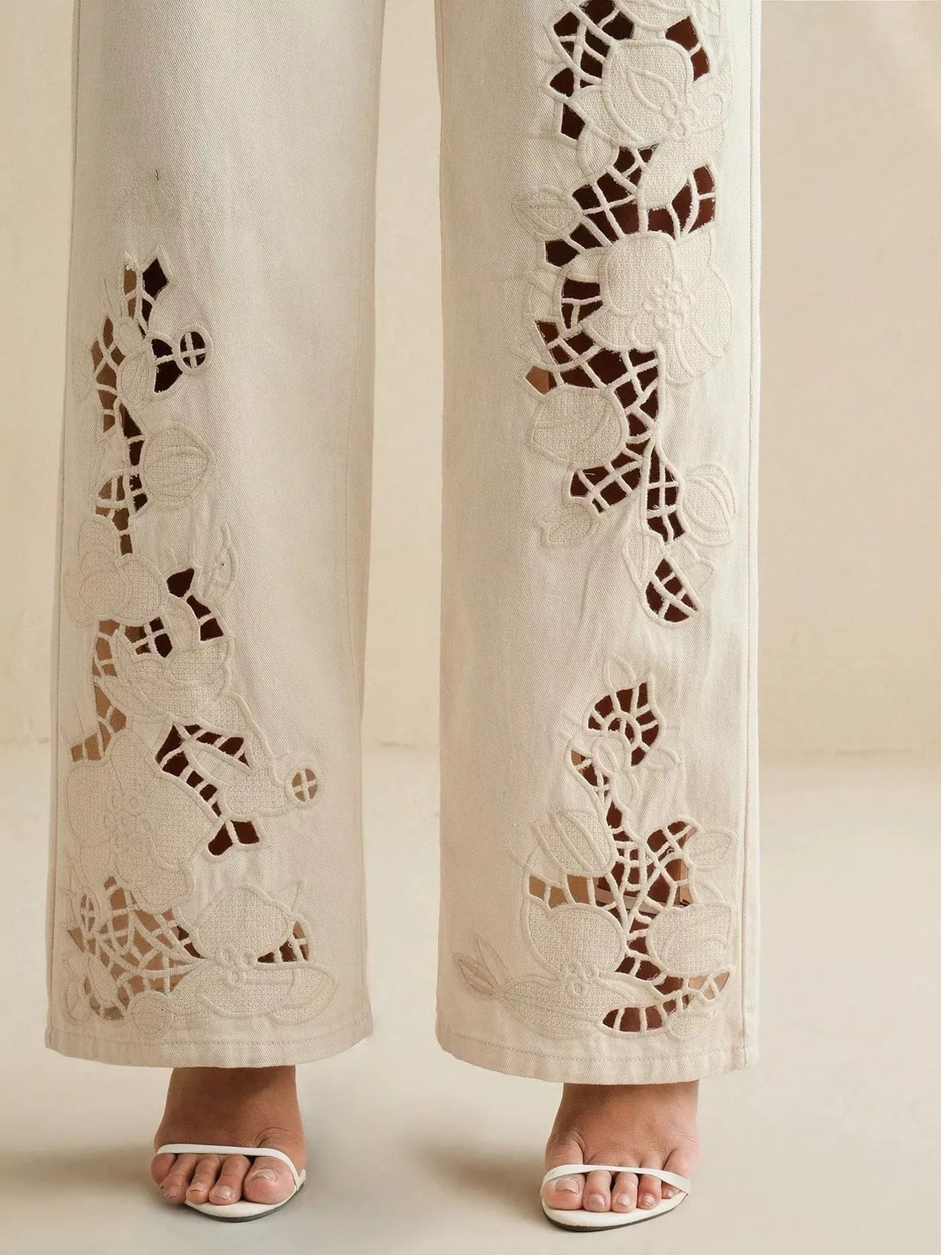 Cutout Embroidered Wide Leg Jeans