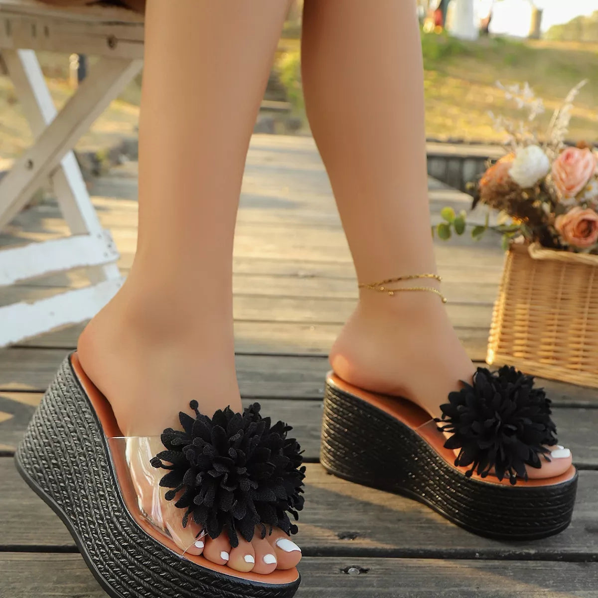 Floral Decor Platform Wedge Sandals