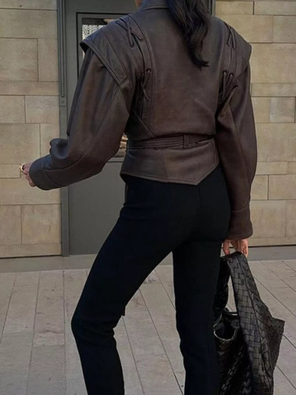 Vintage Style Tie Waist Leather Jacket