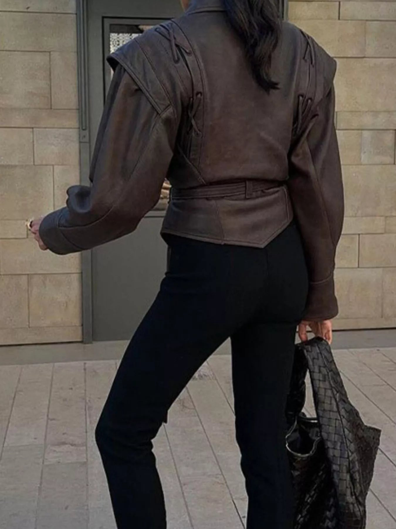 Vintage Style Tie Waist Leather Jacket