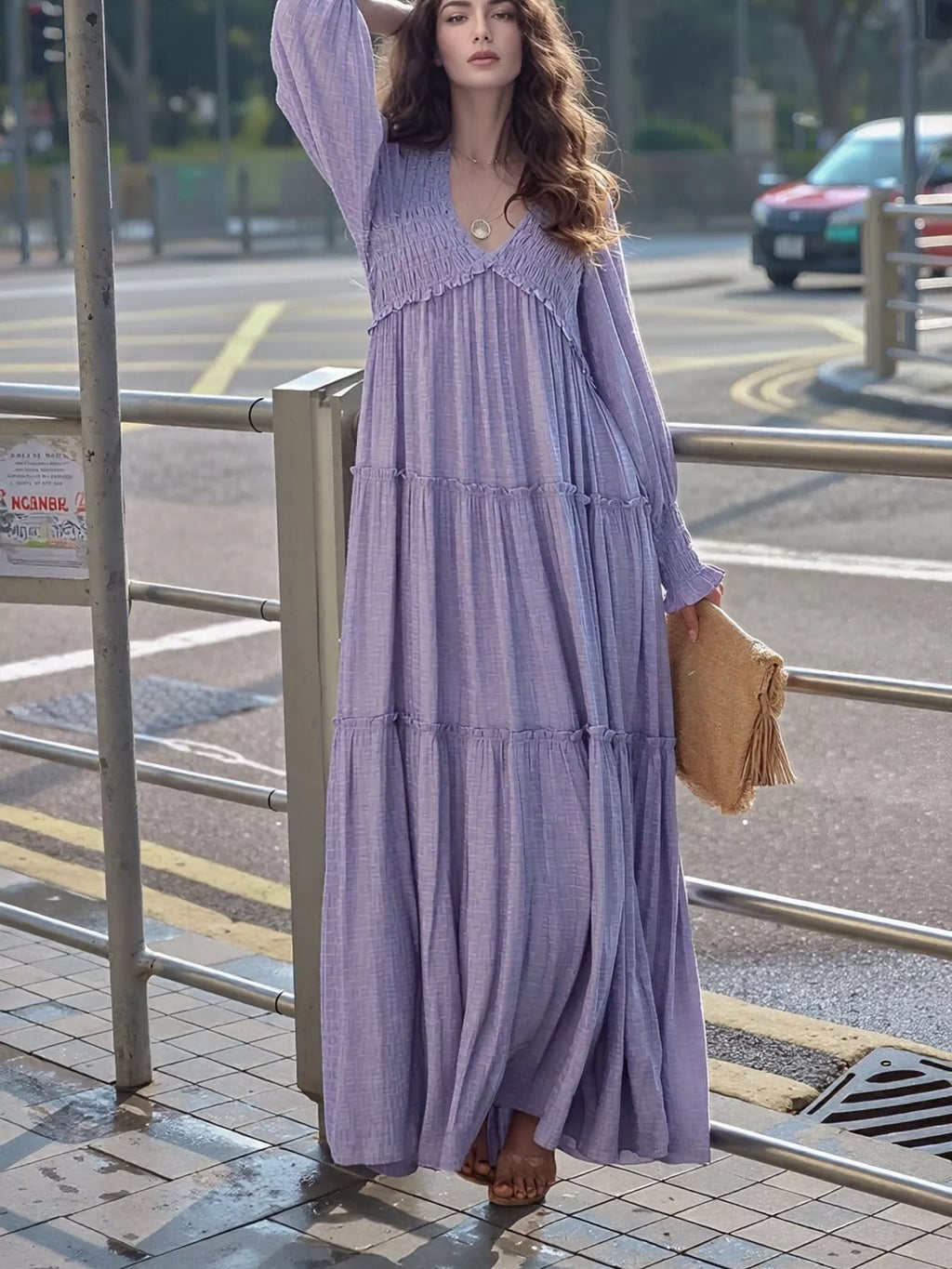 V-Neck Long Sleeve Tiered Maxi Dress